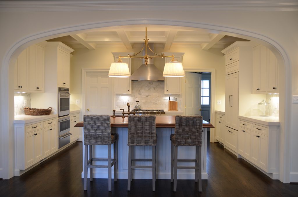 Kitchen - Walnut top island, cabinets, chandelier