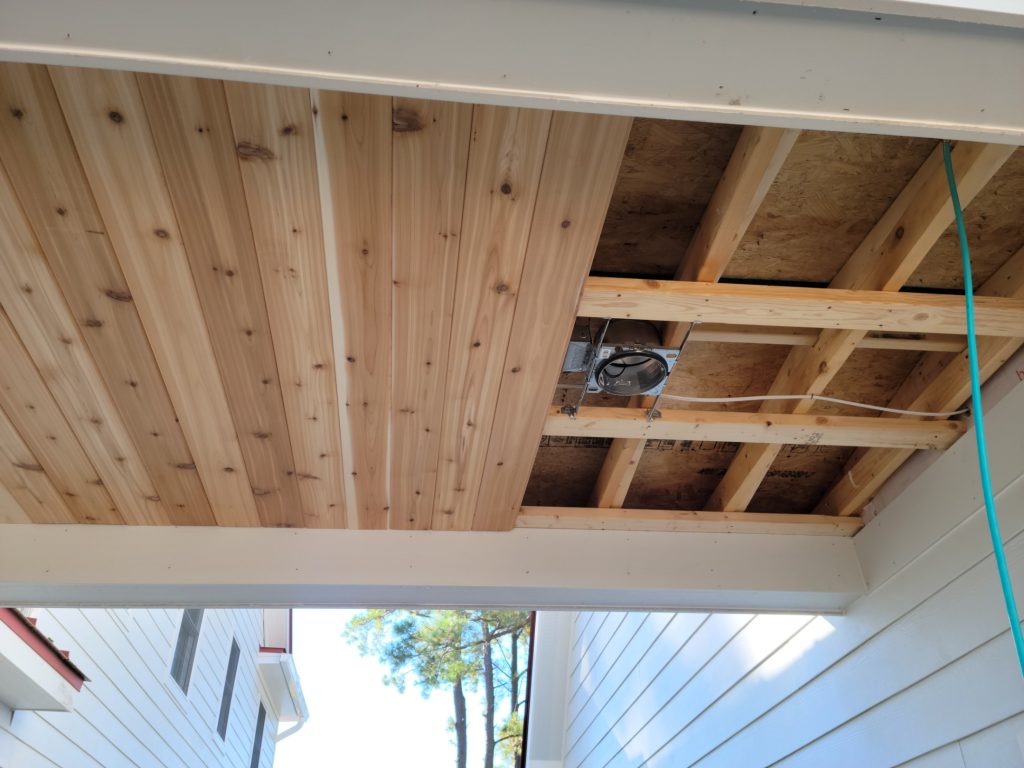 Installing cedar ceiling for breezeway of New Garage Addition