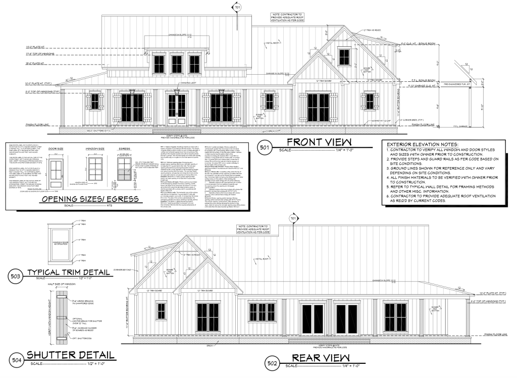 Front and Rear View Elevation Plan for Custom Home Builder in Northern Neck