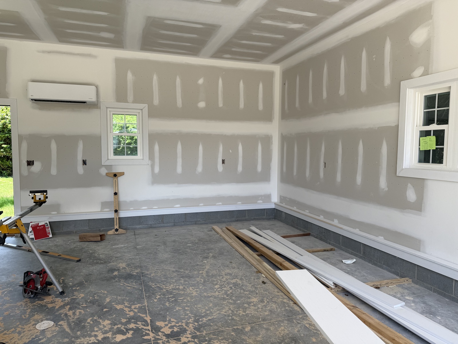 Drywall throughout for a workshop area