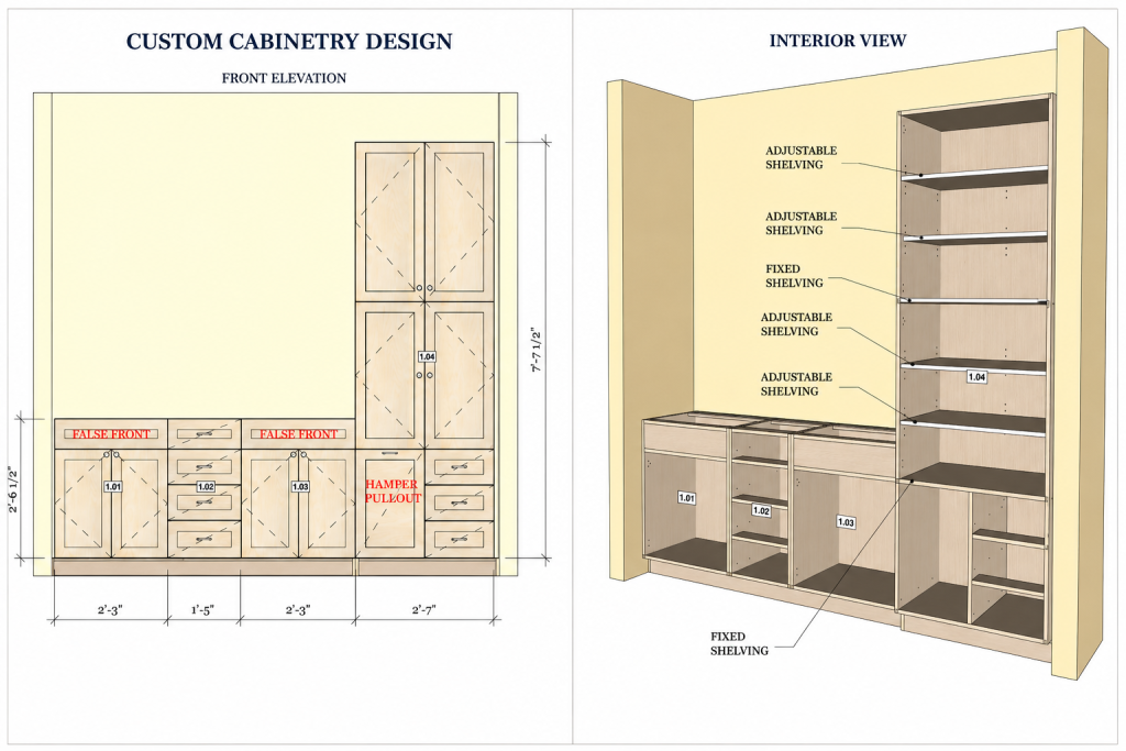 Custom cabinetry design by Countryside Custom Interiors showing front elevation and interior shelving layout for a custom bathroom cabinet.